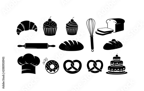 Baking icons, pastry symbols, bakery graphics, 13 black vector illustrations