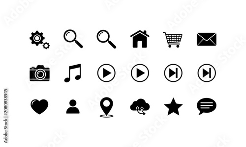 Black icons set, web navigation symbols, social media signs, 16 flat design elements