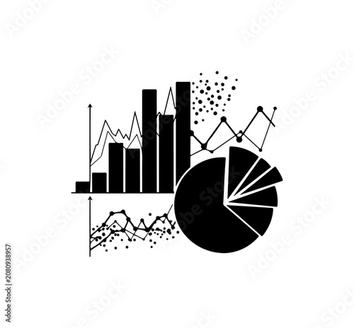 Black and white business infographic elements, charts and graphs set, vector data visualization, financial icons collection