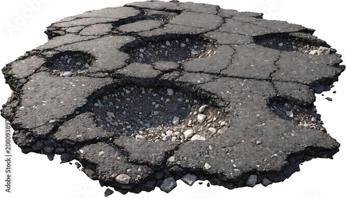 Realistic damaged asphalt road featuring potholes cut out White background with shadow. AI GENERATED.