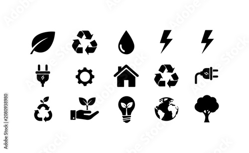 Eco friendly icons, sustainable symbols, green energy signs, 15 black vector graphics