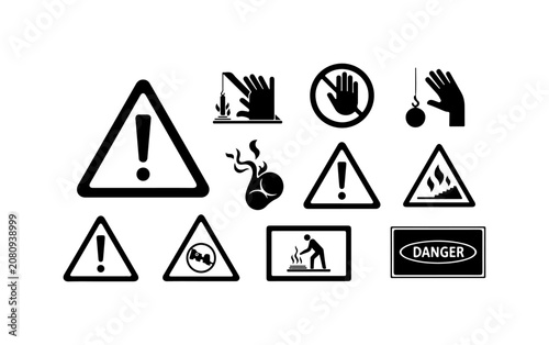 Warning signs and symbols, danger icons, hazard labels, safety marks, vector graphics