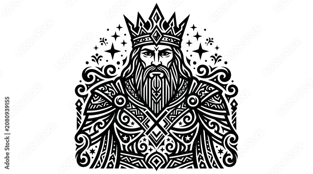 Fototapeta premium Tribal style black and white illustration of a bearded king wearing a crown and detailed armor