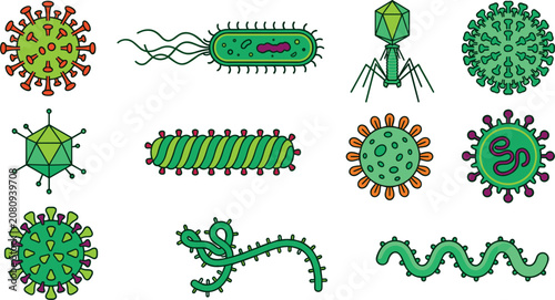 Tableau sur toile Microbiology science vector icon set featuring colorful cartoon microscopic bacteria cells pathogenic viruses bacteriophage structures and infection germs isolated on white background