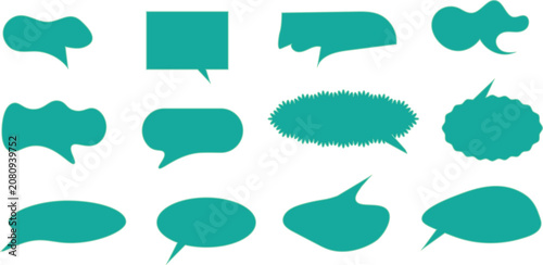 Collection of teal speech bubbles in various shapes and styles for chat and dialogue illustrations