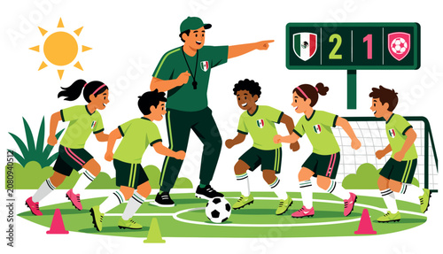 Foto Children Playing Soccer With Coach.