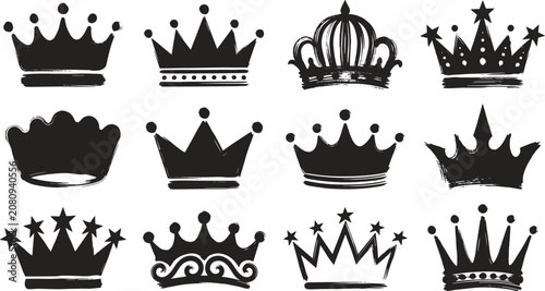 Tableau sur toile Collection of various royal crown silhouettes in black ink style, isolated on a