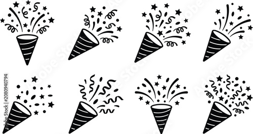 Tableau sur toile Set of black party popper with confetti and streamers for celebration and festiv