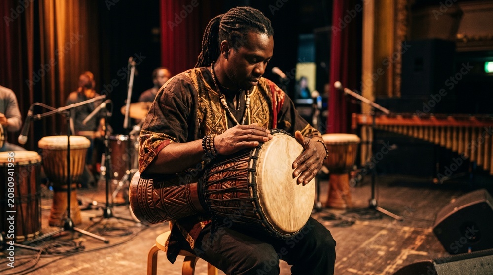 © natural - African drummer playing djembe instrument live.
