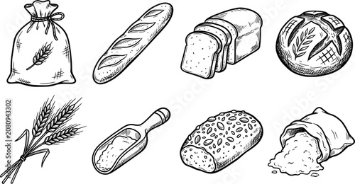 Canvastavla Hand drawn bread and baking ingredients sketch set wheat ears, flour sack, bague
