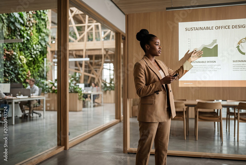 Professional businesswoman giving an ESG presentation in a biophilic office. Corporate sustainability and ESG leadership concept