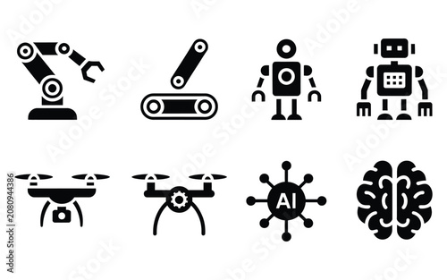Bild auf Leinwand robot automation robotics flat icon pack factory machine drone ai gear