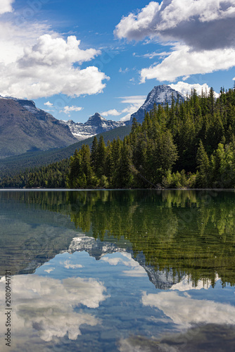 View of Lake McDonald and surrounding mountains in Glacier National Park, Montana.