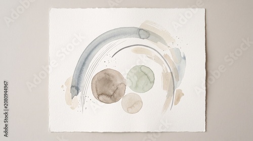 Abstract watercolor painting with earthy tones, arches, and circular shapes on textured paper