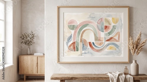 Modern Framed Abstract Watercolor Art Featuring Geometric Shapes and Earthy Tones in a Minimalist Interior Decor Setting
