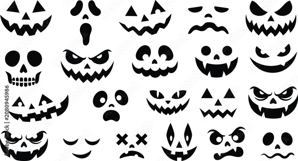 Fototapeta premium Set of twenty different scary and funny jack o lantern faces for halloween pumpkin carving and decoration