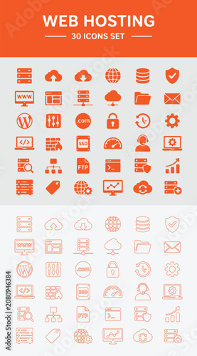 Web hosting, server, and cloud computing set, 30 flat