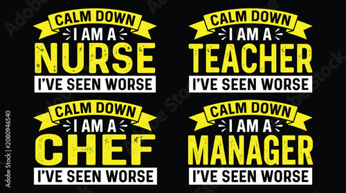 Canvas Print Set of four humorous occupation t-shirt featuring nurse, teacher, chef, and mana
