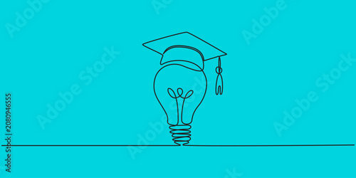 One single line drawing of light bulb wearing graduation hat logo identity. Smart education academy logotype icon template concept, Light bulb and graduation cap continuous line drawn. Creative smart.