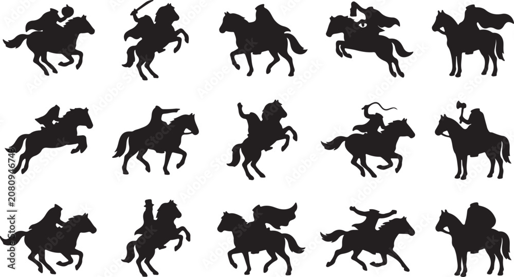 Obraz premium Warriors on horseback silhouettes collection in action poses diverse historical warriors.