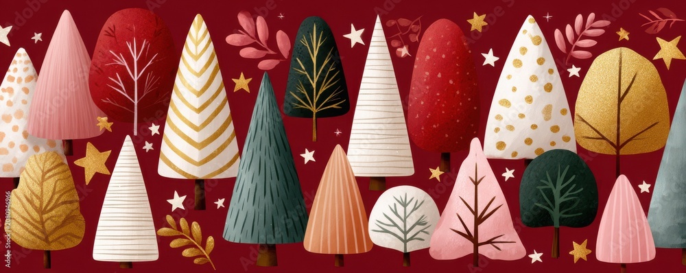 Fototapeta premium Festive Christmas tree pattern with colorful stylized trees on burgundy background and stars