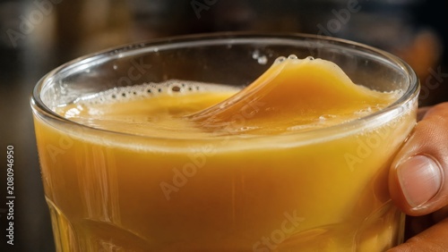 Close up of a hand holding a glass of refreshing orange smoothie with a dynamic liquid splash captured in bright natural lighting for a healthy lifestyle