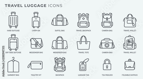 Travel luggage and suitcase icon collection for airport transport and vacation trip gear.