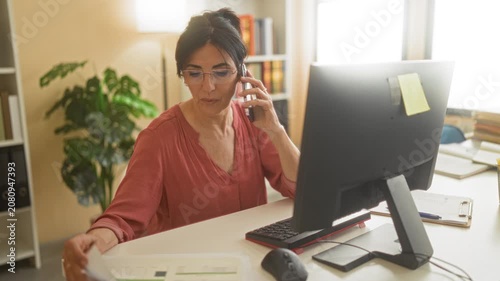 Woman talking on smartphone at computer desk in building, reviewing papers and typing with focused expression; focused productivity.