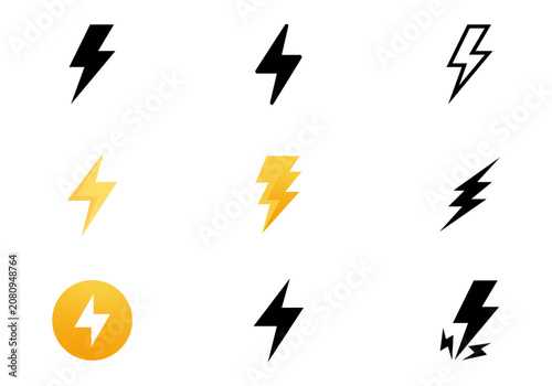 Lightning bolt icon. Flash symbol, thunderbolt, blitz lightnings strike sign. Electric energy black silhouettes, power concept.