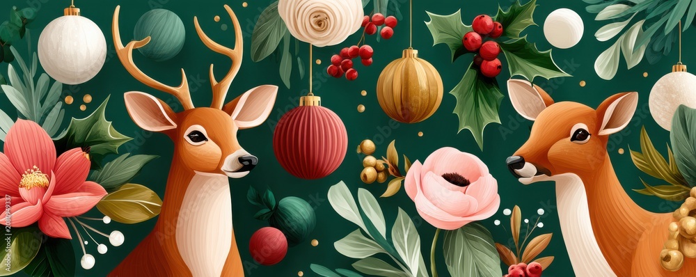 Fototapeta premium Christmas deer and festive greenery with ornaments, holly, flowers on a dark green background