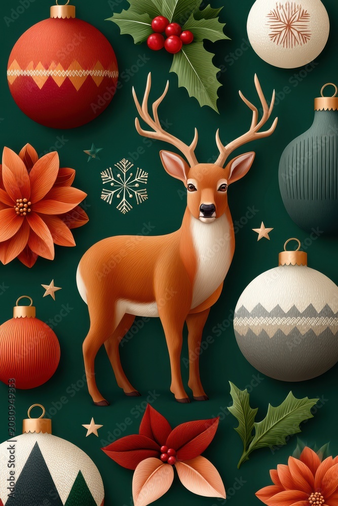 Fototapeta premium Festive deer among Christmas ornaments on a dark green background with holly and poinsettias