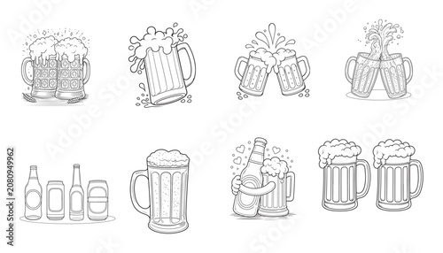 Canvas Print Collection of beer mugs and bottles black and white vector illustration beverage