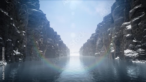 Fly Through Winter Snowy Cliff on the River