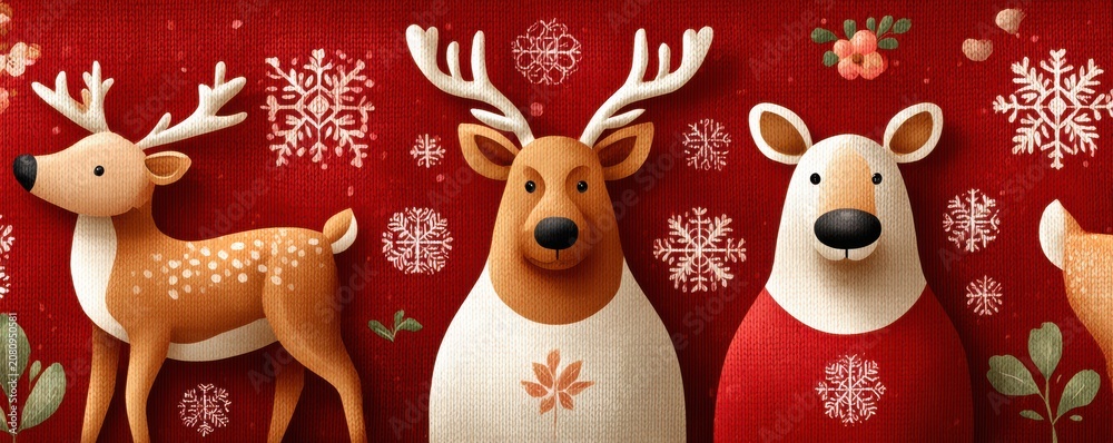 Obraz premium Three festive woodland animals in a red Christmas sweater pattern with white snowflakes