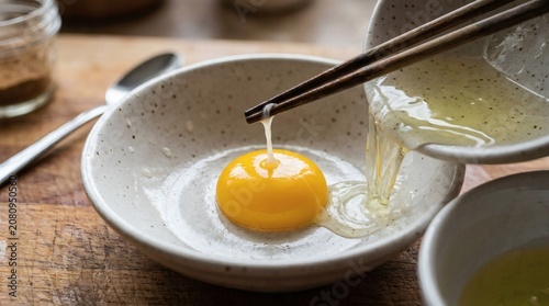 Fresh raw egg yolk separated from egg white in ceramic bowl for cooking preparation in a rustic kitchen setting with wooden background