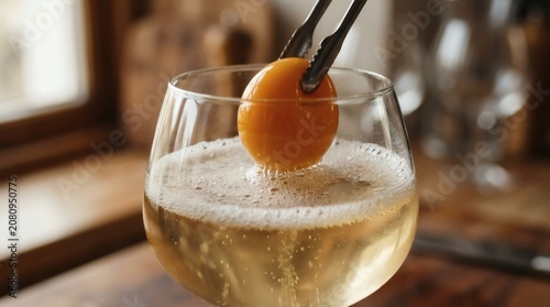 Fresh raw egg yolk being carefully lowered into a glass of sparkling champagne with metal tongs for a gourmet culinary cocktail preparation at home