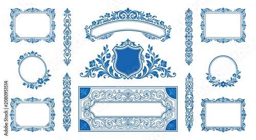 Fotografie Floral ornament collection blue vector illustration on a white background design