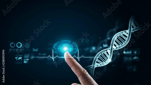 Futuristic Biotechnology Interface with DNA Helix and Digital Health Monitoring for Genetic Engineering and Medical Research