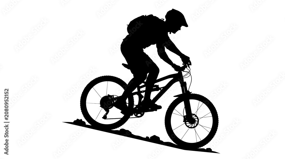 Fototapeta premium Mountain Biker On Trail Black Silhouette bike