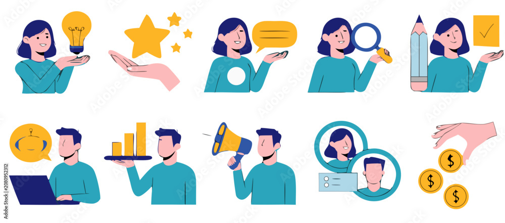 Fototapeta premium Flat design icons for business planning marketing and finance concepts with people and symbols