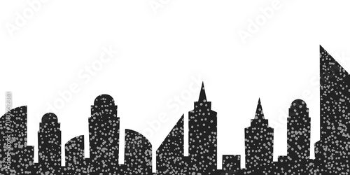 Monochromatic city skyline silhouette with scattered highlights during twilight with a minimalist concept