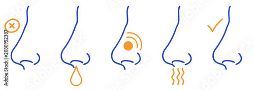 Nose icons showing symptoms like congestion drip and sneezing with a checkmark for good health