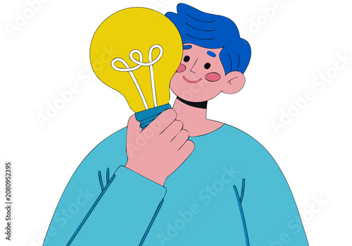 Man holding a glowing yellow light bulb with a bright idea during a blue background and white studio