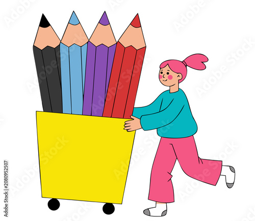Young girl pushing a cart filled with giant colorful pencils during a bright sunny day concept