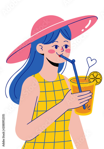 Young woman in a wide-brimmed hat drinks a refreshing beverage during a sunny day with a heart decoration