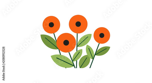 Orange poppy flowers with green stems flat vector silhouette