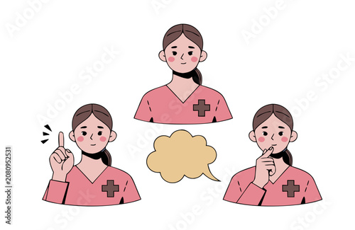 Young woman in medical uniform displaying different expressions with thought bubble for communication concepts