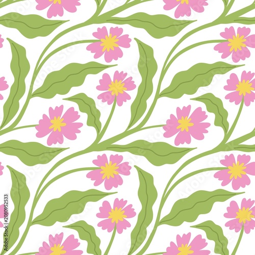 Seamless Pink Floral Pattern with Green Leaves in Hand Drawn Style