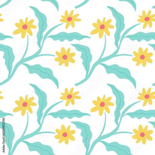 Seamless Yellow Floral Pattern with Abstract Blue Leaves
