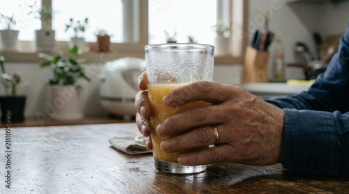 Senior man holding a chilled glass of fresh orange juice on a wooden table in a brightly lit kitchen during a relaxing morning break at home residence